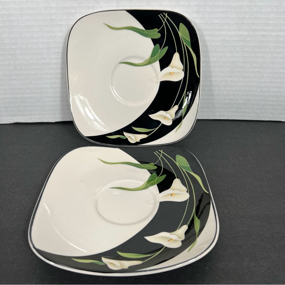 Sango Quadrille 5101 Black Lilies Square Saucers Set of 2 Semi Porcelain Korea